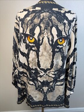 OTTOLINE‎ 100% Silk Tiger Graphic Ruana Kimono OS Zipper Edge Trim Art To Wear